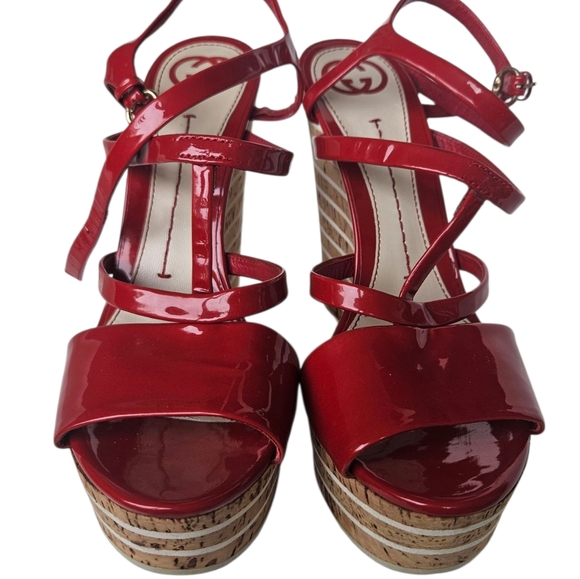 Gucci Red Pattent Leather Strappy Wedge Sandals - Picture 11 of 16
